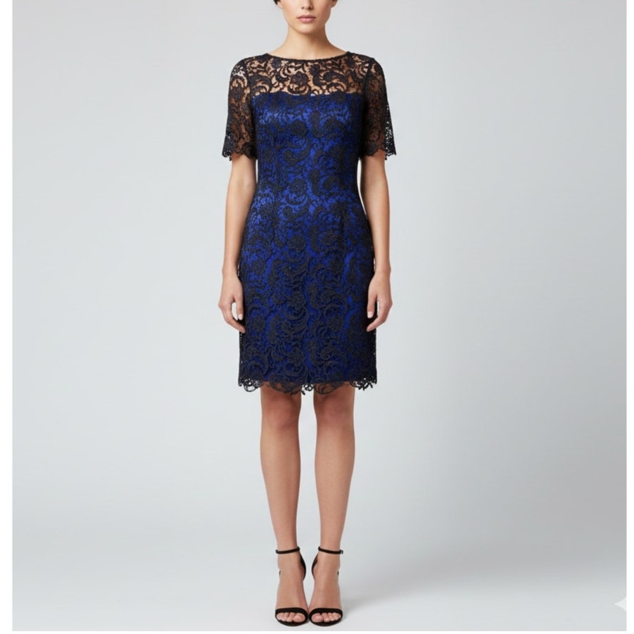 New Laundry Black Lace Royal Blue Satin Cocktail Dress Size 6 Sheath Short Sleev